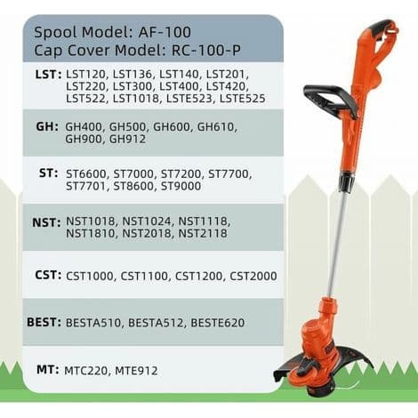 Egnet for erstatningsspole, trimmerhode og tilbehør til BLACK+DECKER AF-100-3ZP gressklipper