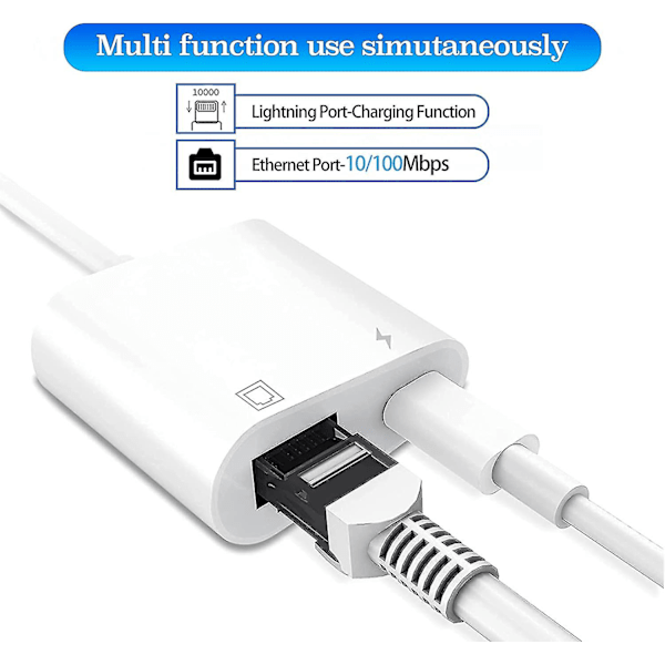 Lightning till Ethernet-adapter, [kompatibel med Apple Mfi-certifierad] 2 i 1 RJ45 Ethernet LAN-nätverksadapter med laddningsport, Plug and Play, Stöd