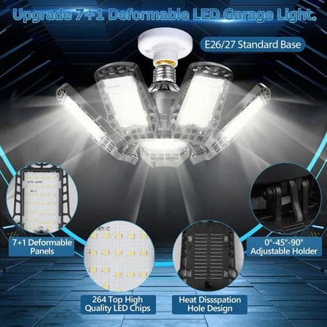 LED garage belysning, 7000 K, justerbar belysning med 7 justerbare paneler og 1 justerbart panel, E26/E27 LED værkstedsloftslampe til lager, w