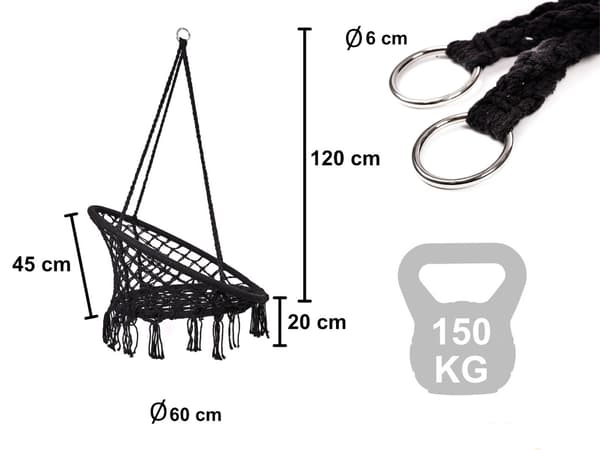 Riipputuoli metallirungolla 150 kg musta 80 cm