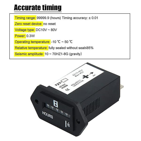 Forseglet timeteller rektangulær DC 10V-80V generator for båter, lastebiler, traktorer, biler