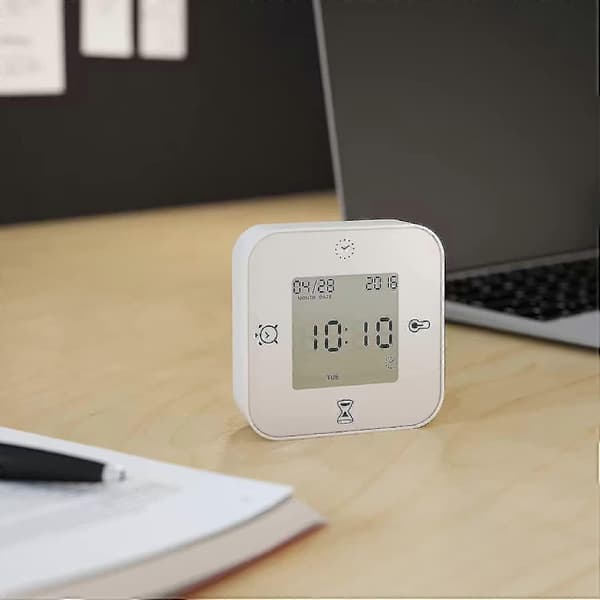 Klokke/termometer/alarm/timer, 4 funksjoner bordklokke (hvit)