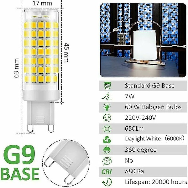 G9 LED-lampa, 6-pack, 7 W flimmerfri, kall vit 6000 K, 650 lm, energibesparande motsvarande 60 W halogen, 360 graders vinkel, Ac22