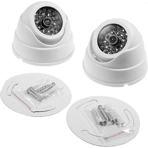 Set med 2 Attrapp Dome Kamera Falsk Trådlös CCTV Säkerhetskamera Inomhusövervakningskamera med Röd LED - Vit