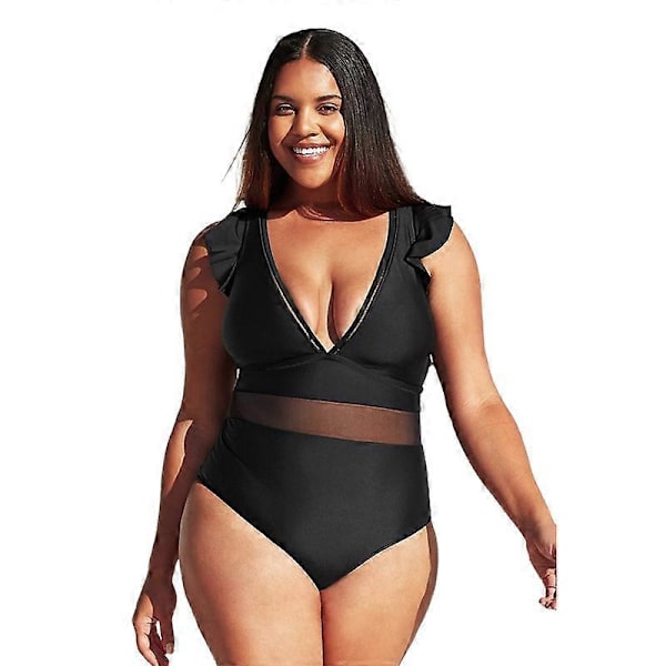 Dam baddräkt i stora storlekar, hel baddräkt, enfärgad med meshdetaljer, plus size, XXXL