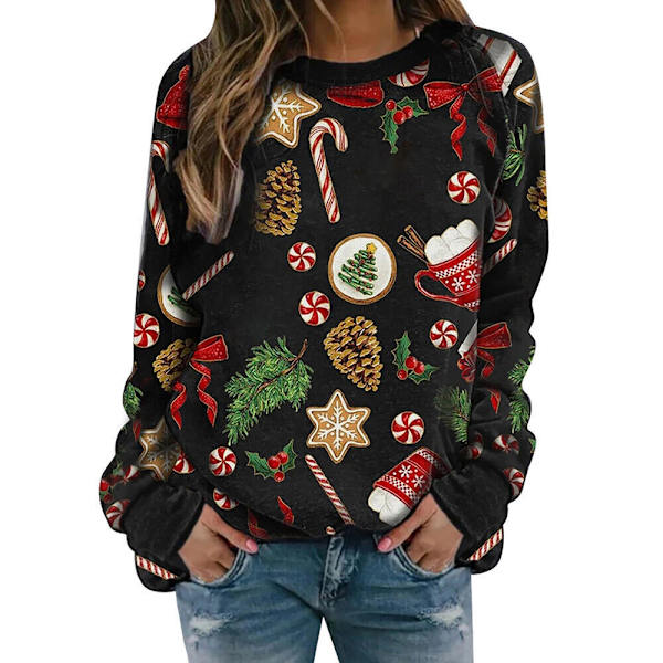 Juletrøje til kvinder, langærmet pullover, løs bluse, toppe, sort 2XL