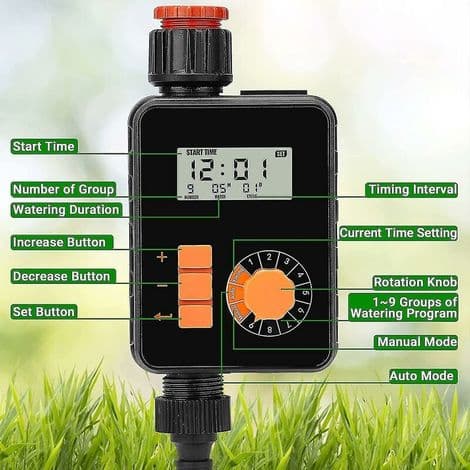 Vattentimer, programmerbar trädgårdsbevattningstimer, gräsmatta kran slang sprinkler timer med stor LCD-skärm, regnsensor, auto/manuellt läge, R