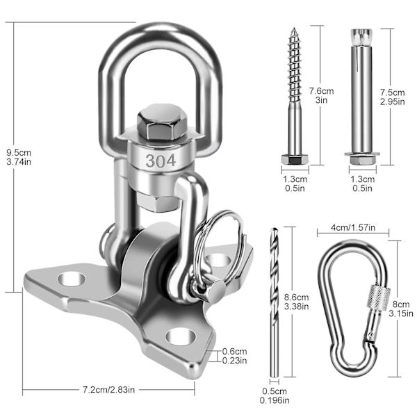 Takkrok för Hängstol 360° Swivel, Rostfritt Stål Utomhusfäste Upp till 500kg för Takmontering Hängstol Hängmatta Yoga Säckpåse