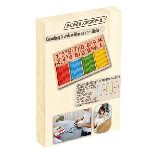 Puispuikot 48 kpl numero- ja matematiikkalohkoilla puulaatikossa