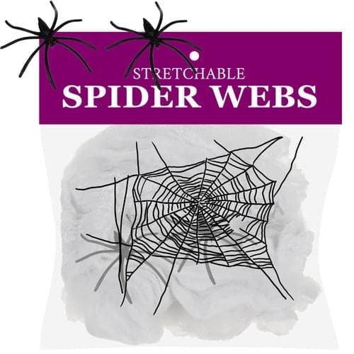 Spindelvæv Halloween-dekoration 2,5 m² med 2 sorte edderkopper