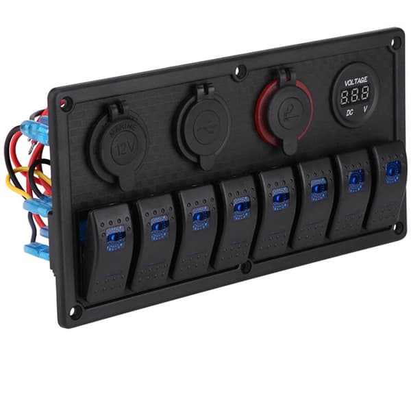 12V 24V 8-girs Bil Båt LED Vippebryter Kontrollpanel Dobbel USB Voltmeter Sigarettenner