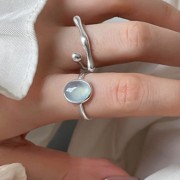 Akvamarinring, S925 Sterling Silver Akvamarin Isknäckt Sten Öppen Ring