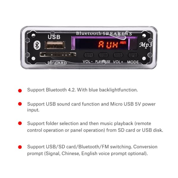 Wireless Bluetooth Audio Decoder Board with USB, SD, and FM Radio