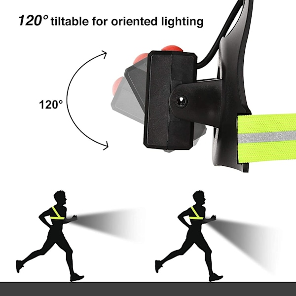 Løpelys, USB-oppladbart LED-løpelys, 120 justerbar brystlys, 500 lumen, løpelys med reflekterende striper