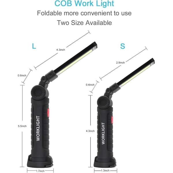Sett med 2 oppladbare COB-arbeidslamper – Magnetisk base – 5 lysmoduser – For byggeplasser og trange rom