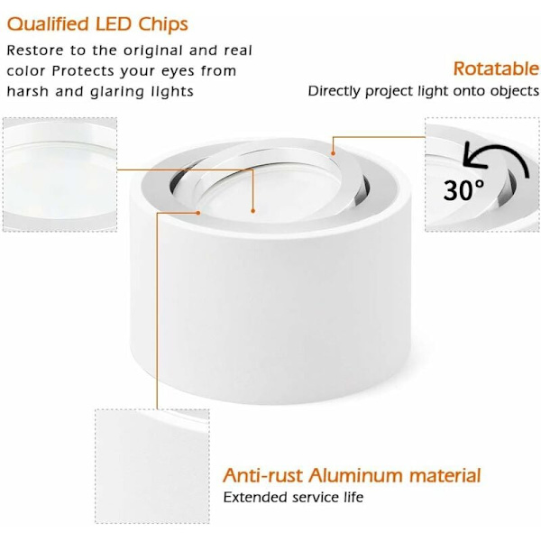 Justerbar LED-spotlight til overflademontering 80x50mm loftslampe rund hvid Overflademontering