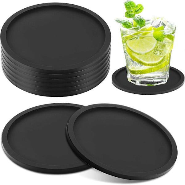 Tykke Design (0,5 cm) Runde Kandeunderlag Sæt af 8, Silikonunderlag til Drikkevarer, Kaffeunderlag Øl Barmåtte (Sort)