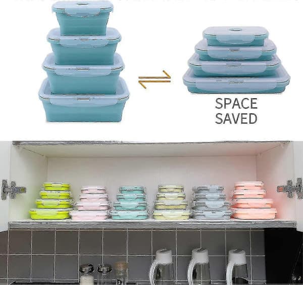 Sett med 4 Sammenleggbare Silikon Matbeholdere Uten Bpa