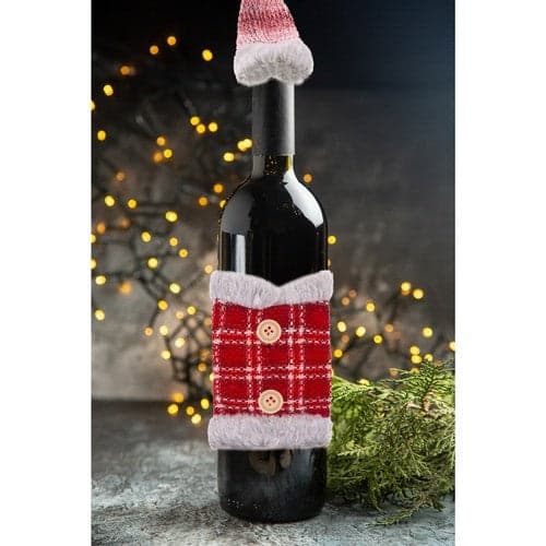 Juleflaskedeksel med lue, rød/grå polyester, passer til vin- og spritflasker