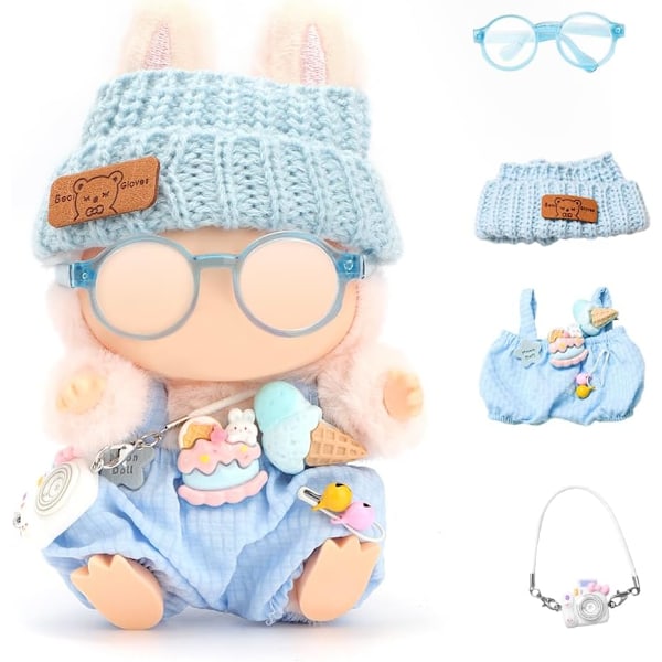Dockkläder för 17 cm Plysch Hänge Blind Box Figurer, Hatt och Overall Set för Blind Box Docka, kommer med Glasögon, Blind Box Figurer Kläder (Blå)