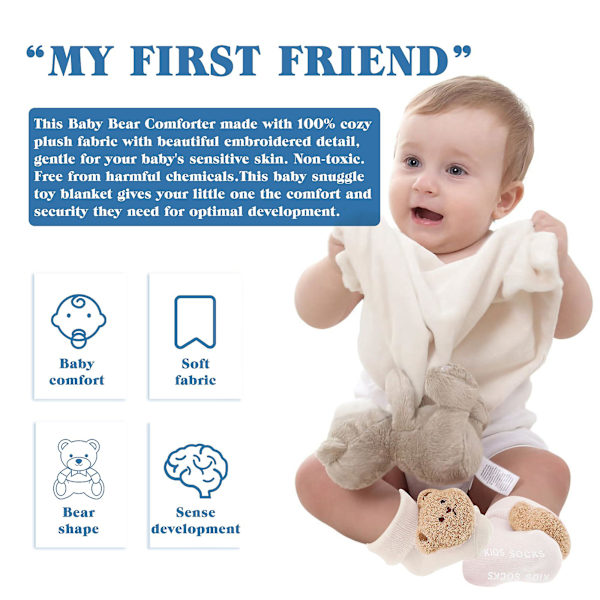 Blød Touch Baby Bjørn Trøstebamse, Unisex Babygaver Trøstebamse, Maskinvaskbar Plys Bamse Sikkerhedsteppe (Hvid Bjørn)
