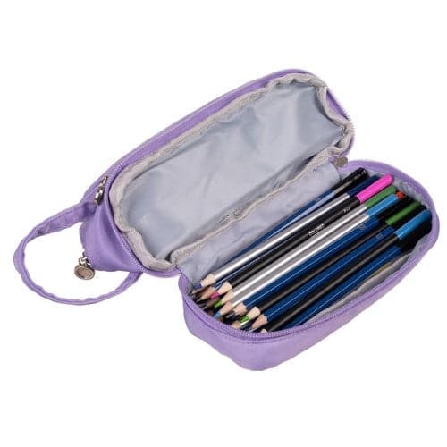 Pencil case large purple nylon 3 compartments with zipper and handle 22 cm