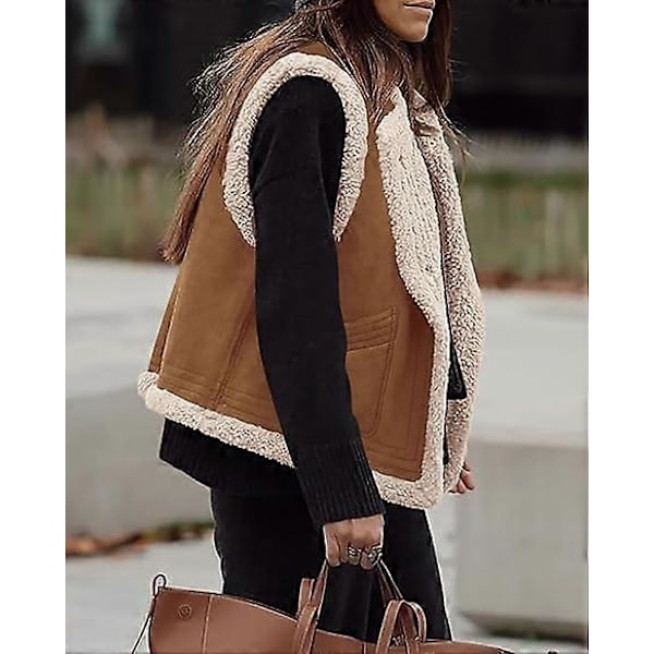 (M) Dame Vinter Faux Suede Vest Ærmeløs Knap Fleece Sherpa Foret Jakke Mode Casual Overtøj Frakke
