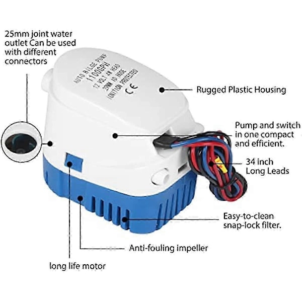 BALLSHOP Automatisk länspump 12V 1100GPH Automatisk dränkbar länspump Helautomatisk flottörbrytare Intern för dammar