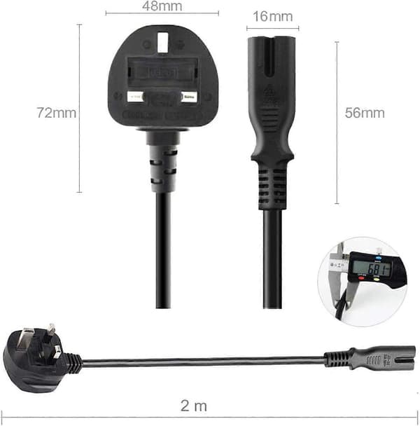 2 meter UK Strømkabel, 3-benet stik til IEC C7 (Sort 1 stk)