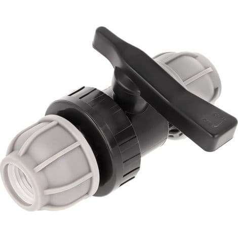 MDPE VVS-fitting til vandrør, 25 mm x 25 mm muffe med kugleventil, til MDPE plastrør, 10 bar, maks. temperatur 45°C, kompressionsfittings