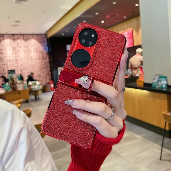 Kompatibelt med Huawei P50 Pocket Skal Epoxy Hård PC Ring Stöd Telefonfodral