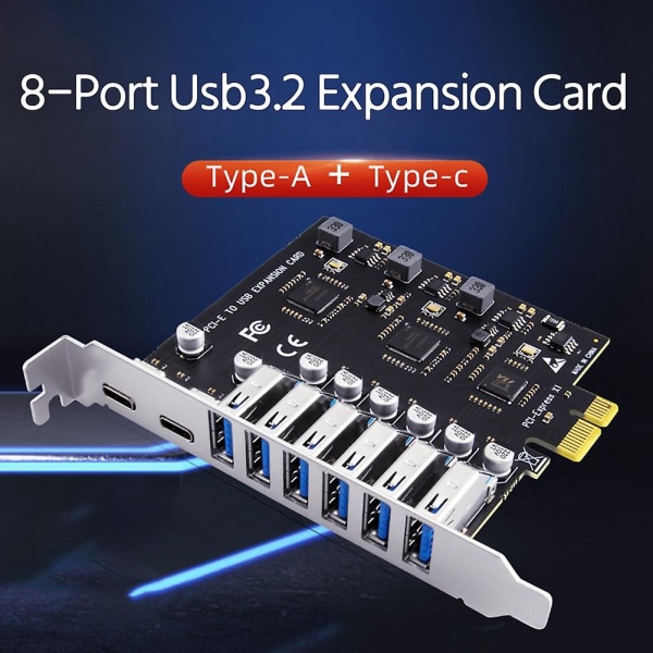 USB 3.2 och Type C PCI-E Utbyggnadskort PCIE till USB-styrenhet 6-port + 2-port USB-C 3.2 PCI-E-kort A