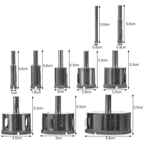 Diamantborekroner sæt 10-pak 6–68 mm til fliser, glas & keramik