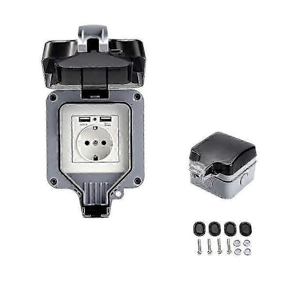 Ulkokäyttöön tarkoitettu kaksoispistorasia USB:llä, vedenpitävä, kestävä, pistorasia seinäkotelolla (yksittäinen) - KC