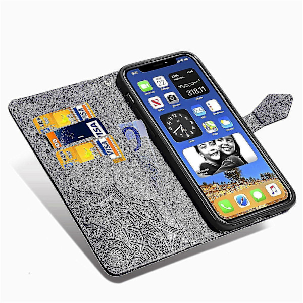 Iphone 13 Pro Etui Læder Wallet Cover Præget Mandala Magnetisk Flip Beskyttelse Stødsikker - Violet