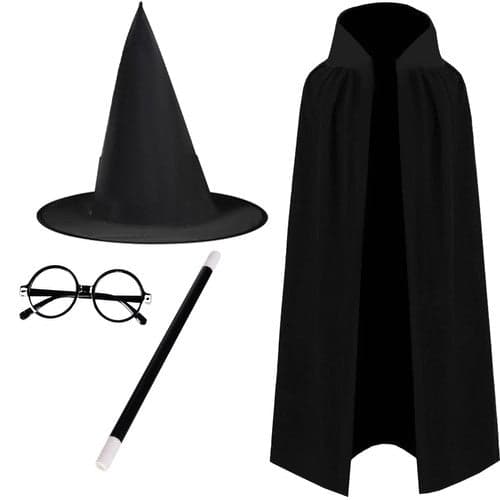 Tryllekunstnerkostume til børn, sort, 4 dele, kappe 90 cm, hat, tryllestav, briller