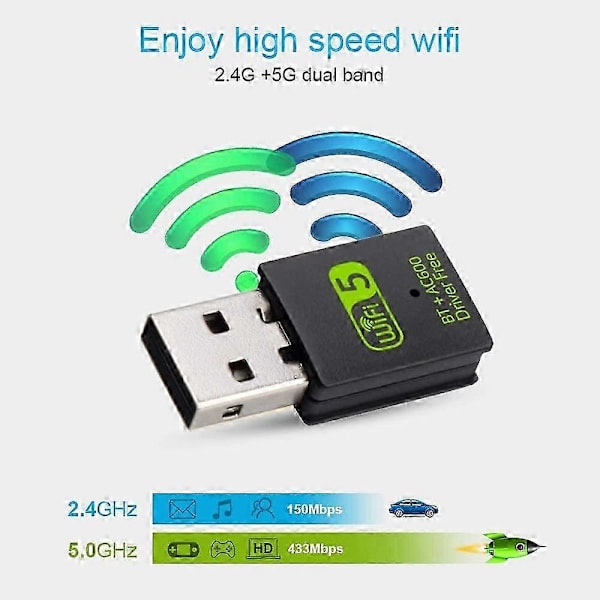 USB WiFi Bluetooth Adapter, 600Mbps Dual Band Trådløst Netværk Ekstern Modtager, WiFi Dongle til PC