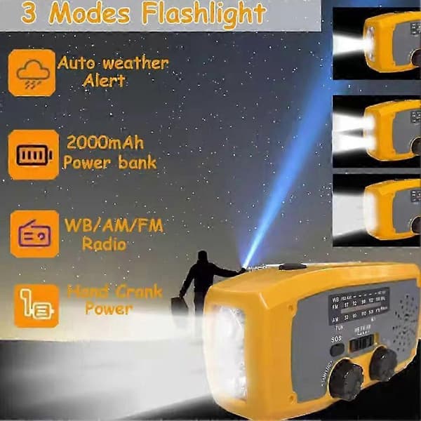 Nødradio med solcellepanel, håndsving og dynamogenerator, 5000mAh Phon Part Europæisk stil SZRH A-B