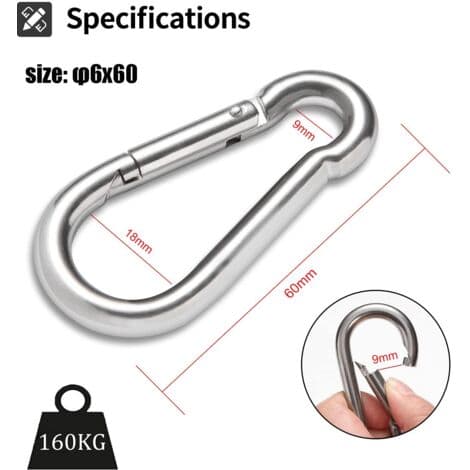 6-pack karbinhakar nyckelring - 6 mm diameter - Maxlast 160 kg - Galvaniserade klätterkrokar (Φ6 x 60 mm)