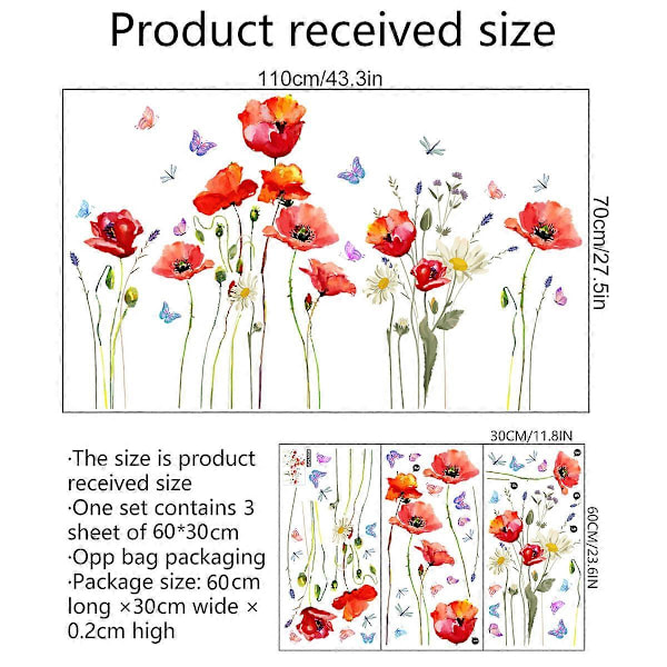 Vallmo Väggdekorationer Väggdekaler Mural Trädgårdsblomma Fjärilsdekaler för Flickors Sovrum Vardagsrum Barnrum, 30*60cm