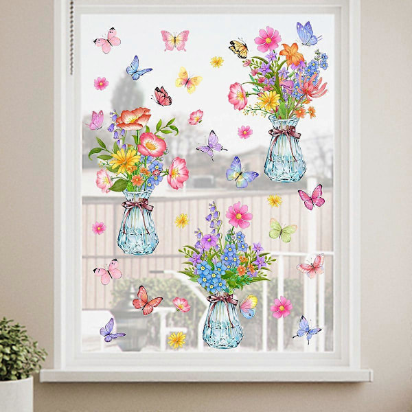 Vinduesklistermærker til hjemmet, vilde blomster, sommerfugle, blomstervase, dobbeltsidet statisk klæbning, anti-kollisions vinduesklistermærker til hjemmevinduer
