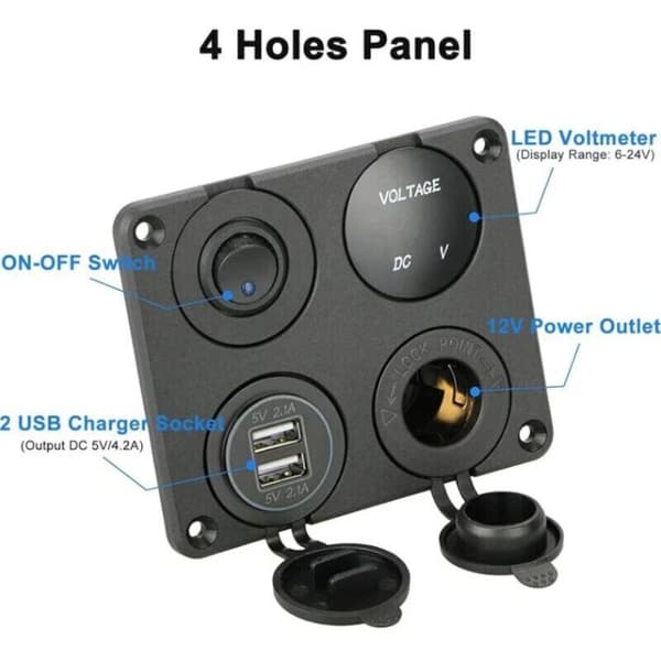 4 i 1 Opladerstikpanel, 12V 4.2A Dobbelt USB Opladerstik Strømstik & LED Voltmeter - blå