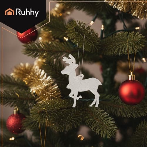 Christmas tree baubles reindeer motif white glitter plastic 9-pack 9.5x7 cm