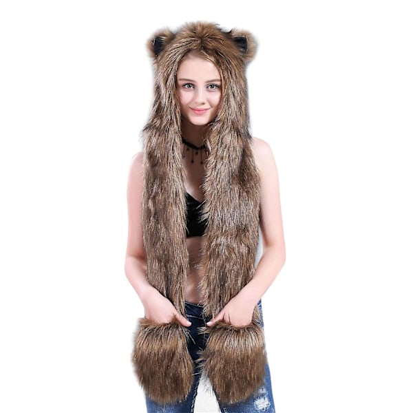 Wolf Faux Fur Party Animal Hat Scarf Gloves Mittens For Women Men 3-in-1 Flush Furry Hoodie Costume Hats Soft Warm Cap Ear Flap Beanie(a)