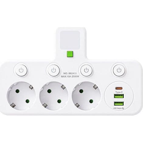 Smart multi-USB-C strømskinne, skrivebordsstrømskinne, multifunksjonell Type-C strømskinne med bryter, USB + Type-C hurtigladeport