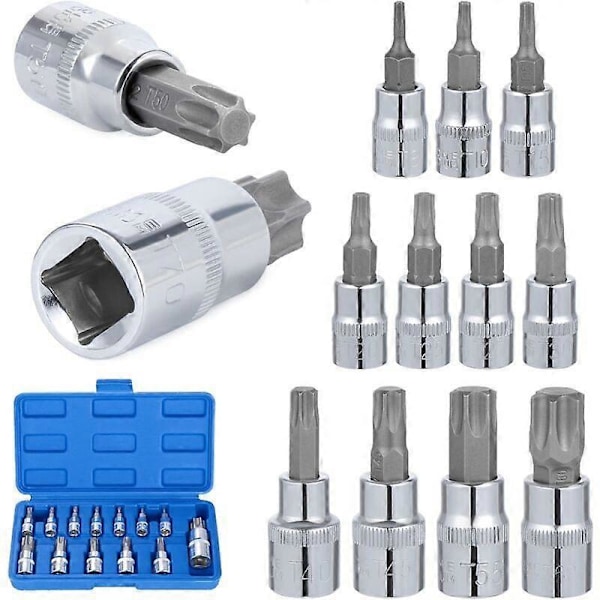 13 stk. Torx Pipesett, T8 - T70 Pipebitssett, Hunn-Torxpiper, Torx Bit Pipesett, Krom Vanadium Stål 1/4\", 3/8\" og 1/2\" Feste