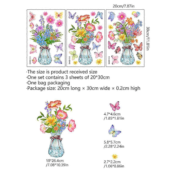 Vindusklistremerker til hjemmet, villblomster, sommerfugler, blomstervase, dobbeltsidig statisk feste, antikollisjons vindusklistremerker for hjemmevindu