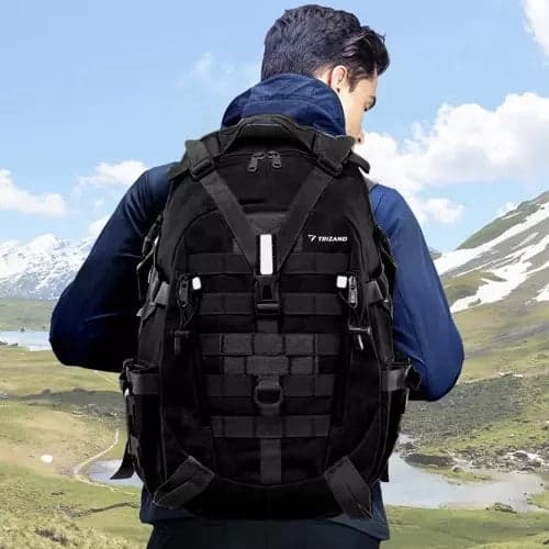 Hiking Backpack 25L XL Black with MOLLE and Rain Cover