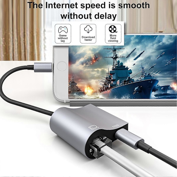 Lightning-gränssnitt till RJ45 Ethernet-adapter 2 i 1 LAN-nätverksadapter Stöd för 10/100 Mbps Driver-fri Gigabit-nätverkskabelomvandlare