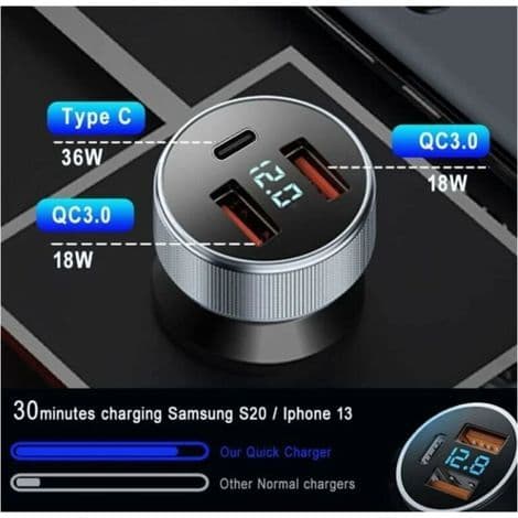 72W USB billader, hurtigladingsadapter, metall, dobbel USB, USB billader med LED voltmeter